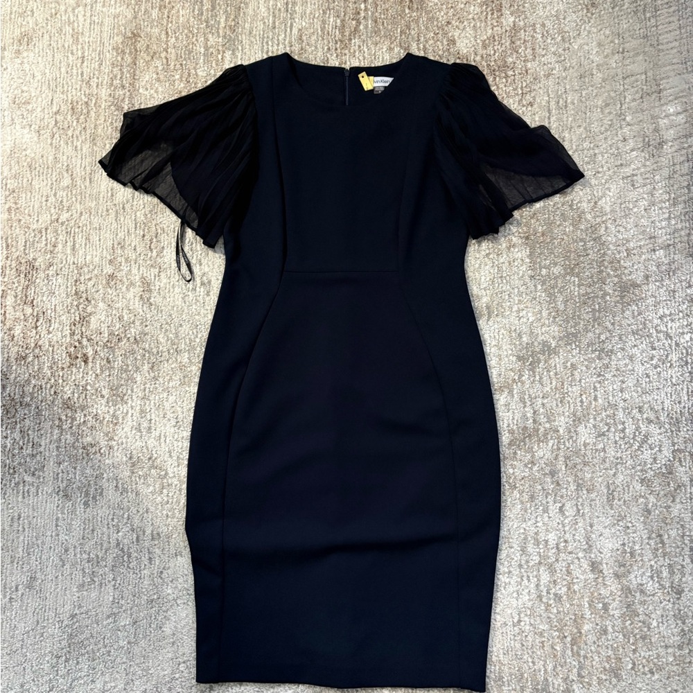 Calvin Klein navy blue Midi Dress with Sheer Sleeves